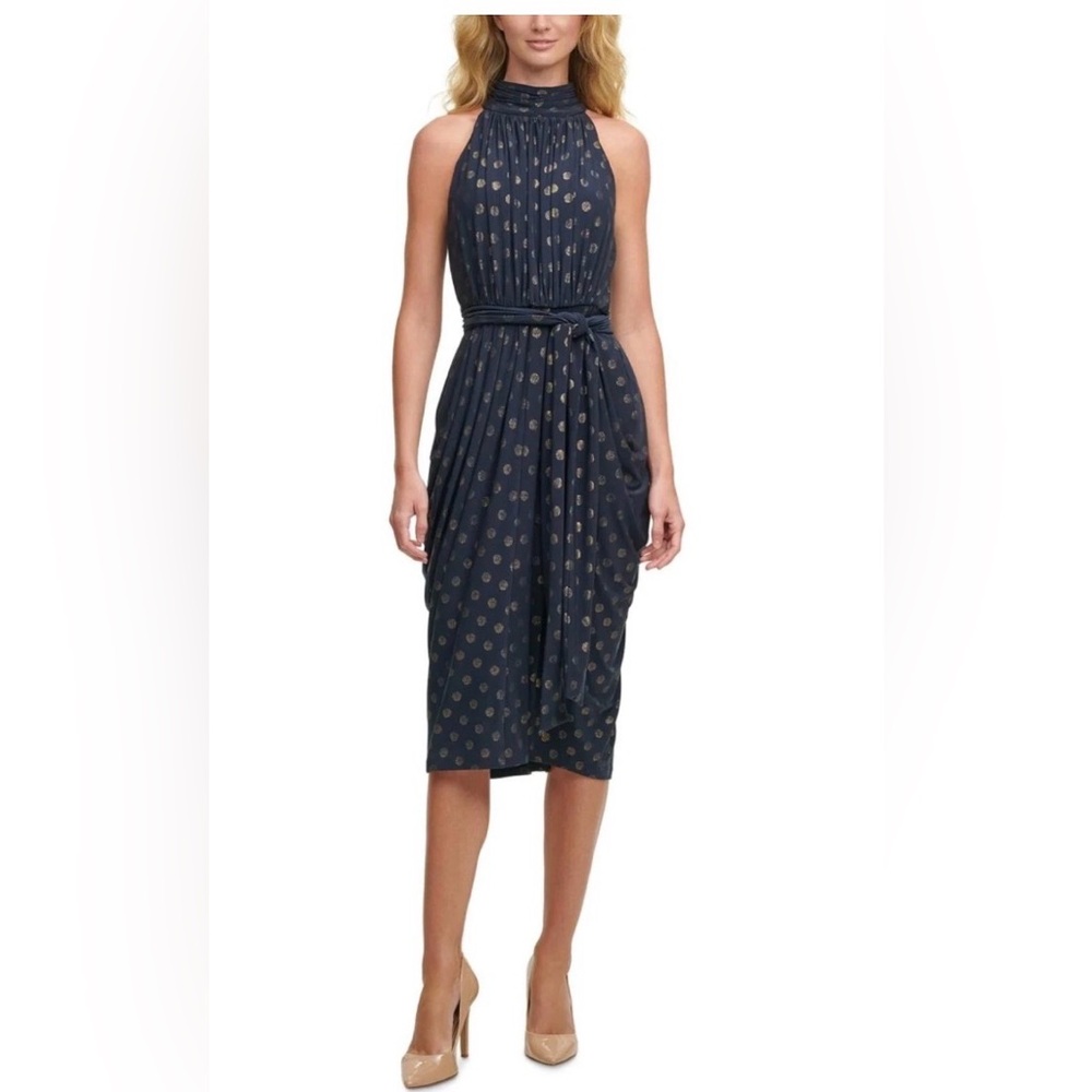 NWT TOMMY HILFIGER Womens Mock Neck Belted Maxi Dress Navy Gold Polka Dots 14